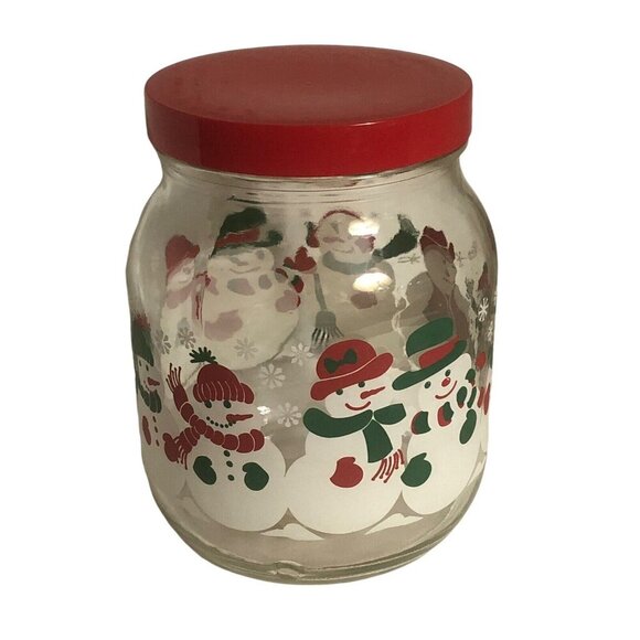 Vintage ANCHOR HOCKING Christmas Snowman Clear Glass Storage Canister Jar w/Lid - Picture 1 of 4